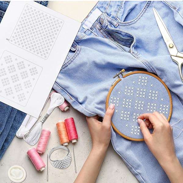 Hahafelt Sashiko Kit Sashiko Thread and Needles Thimble Denim Fabric Water Soluble Japanese Embroidery Kit for Beginners Hand Quilting and Mending, Sewing Supplies - Image 6