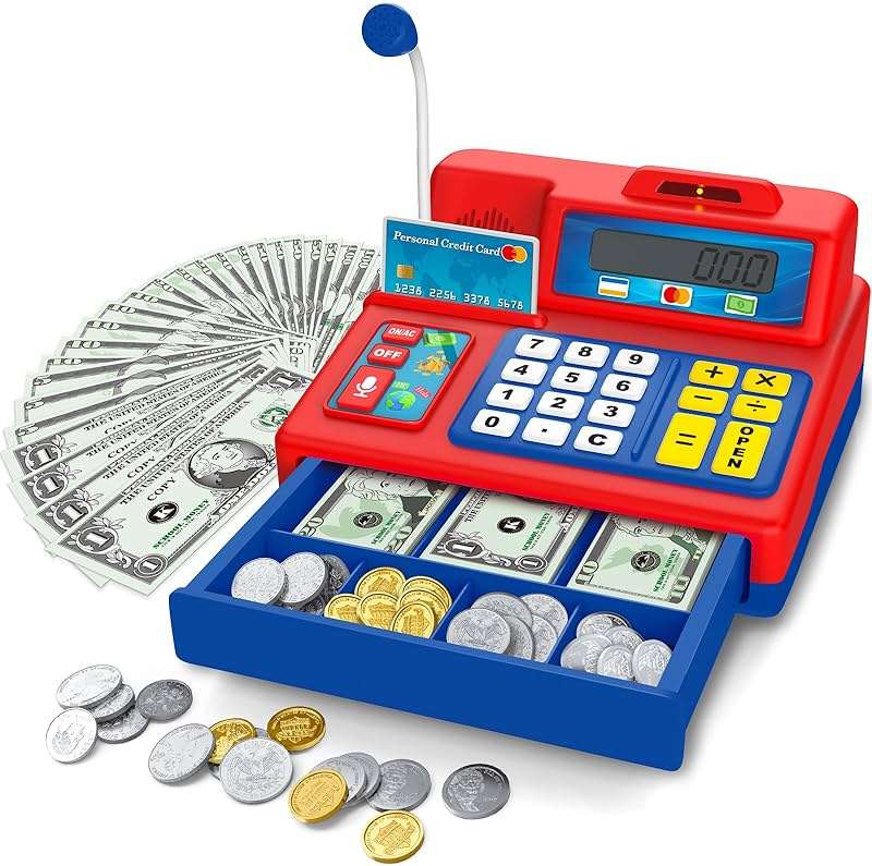 Bstoyder Calculator Cash Register Toy Gift for Kids Age 3, 4, 5, 6, 7, 8+ Year Old, 103 Pcs Grocery Store Playset with Microphone, Credit Card, Cash Register for Toddlers Kids 4-8 - Image 1