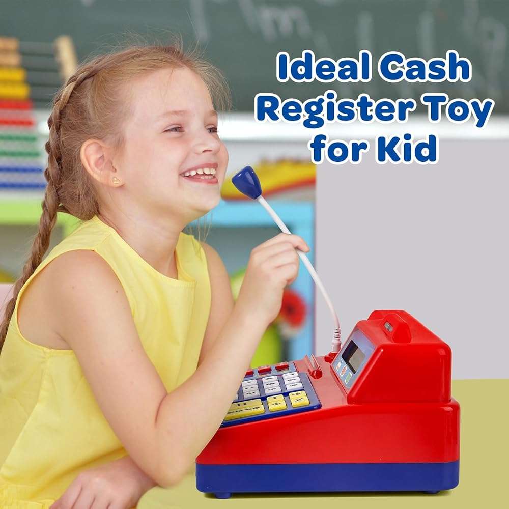 Bstoyder Calculator Cash Register Toy Gift for Kids Age 3, 4, 5, 6, 7, 8+ Year Old, 103 Pcs Grocery Store Playset with Microphone, Credit Card, Cash Register for Toddlers Kids 4-8 - Image 5