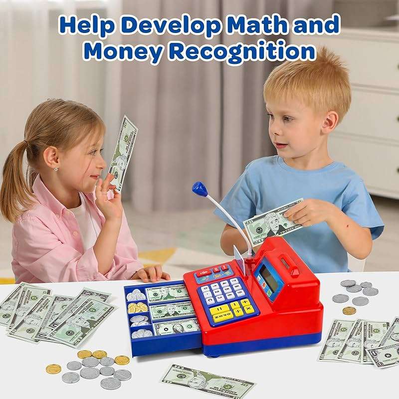Bstoyder Calculator Cash Register Toy Gift for Kids Age 3, 4, 5, 6, 7, 8+ Year Old, 103 Pcs Grocery Store Playset with Microphone, Credit Card, Cash Register for Toddlers Kids 4-8 - Image 6
