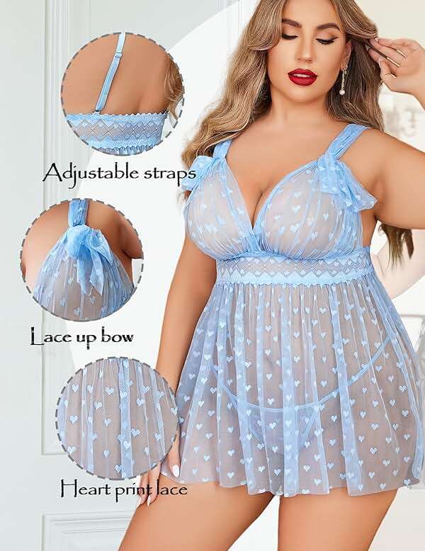 Avidlove Plus Size Lingeire for women Lace Babydoll Mesh Chemise Sexy Nightwear Sheer Nightie with Lace Up Bows L-4XL - Image 2
