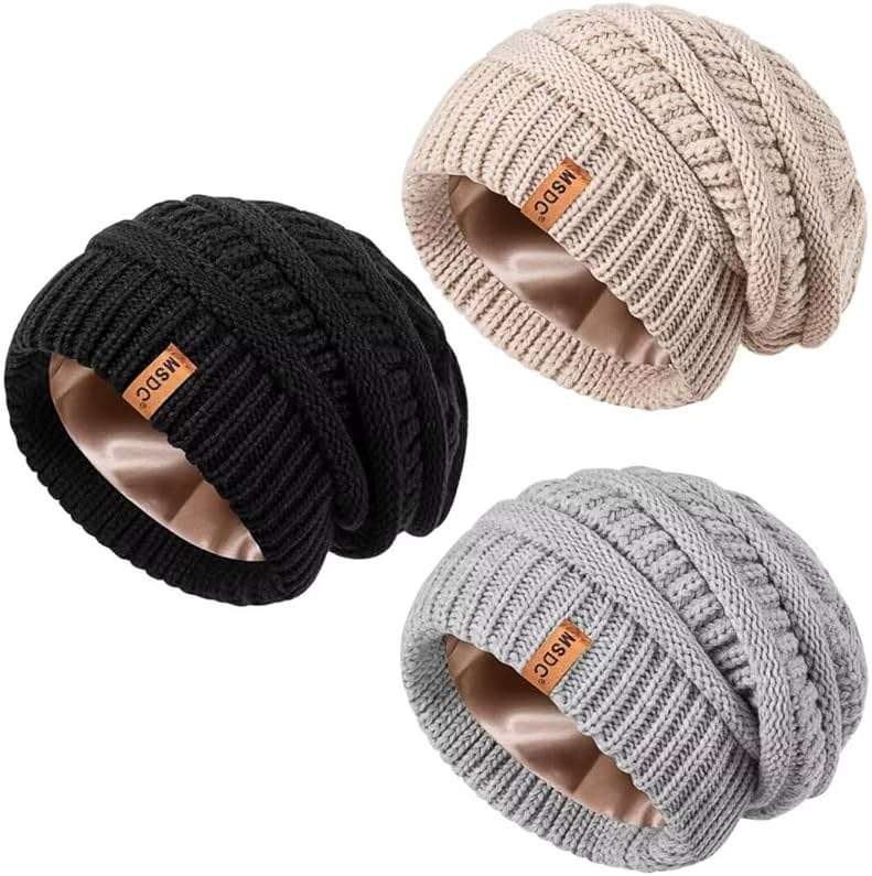 3 Pack Satin Lined Beanie for Women, Warm Slouchy Winter Hats with Silk Lined, Fashionable Oversized Cable Knit Hat Skull Cap - Image 1