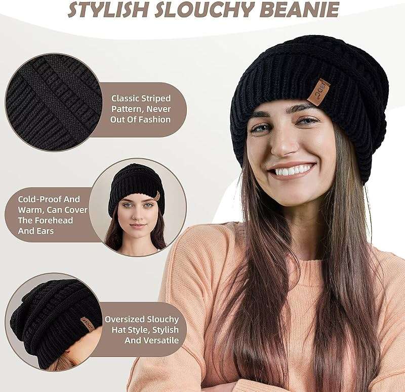 3 Pack Satin Lined Beanie for Women, Warm Slouchy Winter Hats with Silk Lined, Fashionable Oversized Cable Knit Hat Skull Cap - Image 5