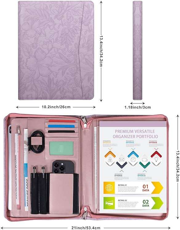 Embossed PU Leather Portfolio for Women,Professional Organize 3-Ring Padfolio with A4 Notepad Holder,Professional Business Document Organizer for Women (Purple) - Image 9