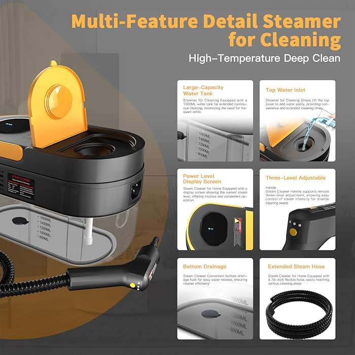 Gautye Steam Cleaner, 3-Level Adjustable Handle, 15s Heat-Up, 1.69 Quarts Tank, Portable Steamer for Cleaning with 15 pcs Accessories, Steam Cleaner for Home for Dirt, Grease, Grout, Tile,Floor, Car - Image 3