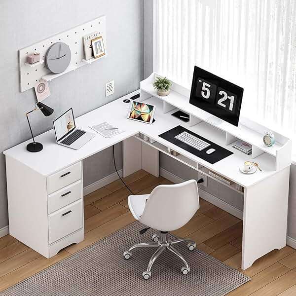 MaverickFurni White L Shaped Desk with 3 Drawers, 60 inch L Desk with Moveable Hutch and Power Outlet, Large Home Office Corner Computer Desk with Storage File Cabinet - Image 1