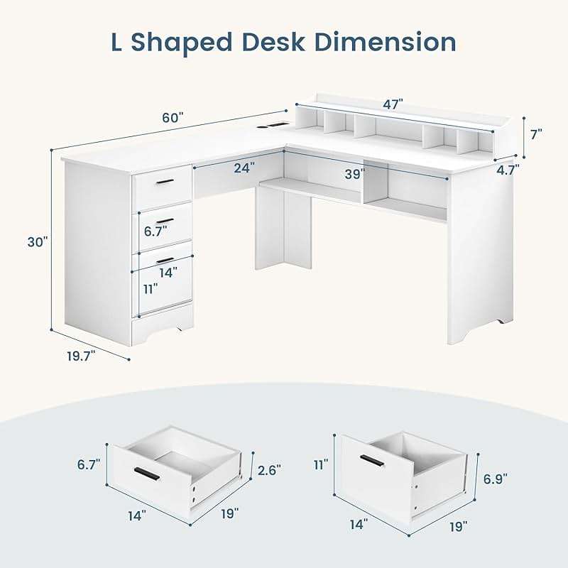 MaverickFurni White L Shaped Desk with 3 Drawers, 60 inch L Desk with Moveable Hutch and Power Outlet, Large Home Office Corner Computer Desk with Storage File Cabinet - Image 2