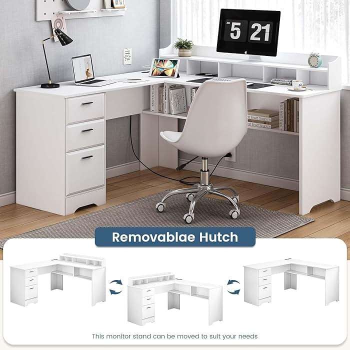 MaverickFurni White L Shaped Desk with 3 Drawers, 60 inch L Desk with Moveable Hutch and Power Outlet, Large Home Office Corner Computer Desk with Storage File Cabinet - Image 4