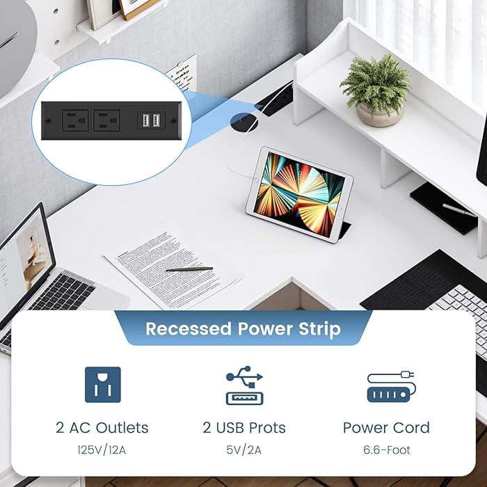 MaverickFurni White L Shaped Desk with 3 Drawers, 60 inch L Desk with Moveable Hutch and Power Outlet, Large Home Office Corner Computer Desk with Storage File Cabinet - Image 5