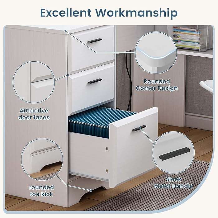 MaverickFurni White L Shaped Desk with 3 Drawers, 60 inch L Desk with Moveable Hutch and Power Outlet, Large Home Office Corner Computer Desk with Storage File Cabinet - Image 6