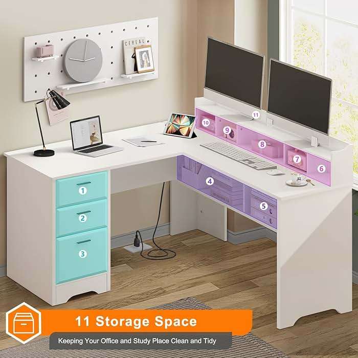 MaverickFurni White L Shaped Desk with 3 Drawers, 60 inch L Desk with Moveable Hutch and Power Outlet, Large Home Office Corner Computer Desk with Storage File Cabinet - Image 7