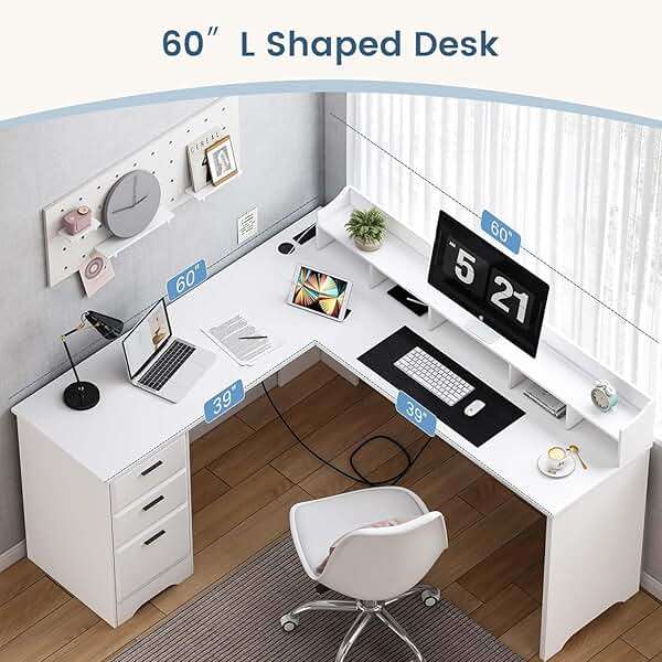 MaverickFurni White L Shaped Desk with 3 Drawers, 60 inch L Desk with Moveable Hutch and Power Outlet, Large Home Office Corner Computer Desk with Storage File Cabinet - Image 8