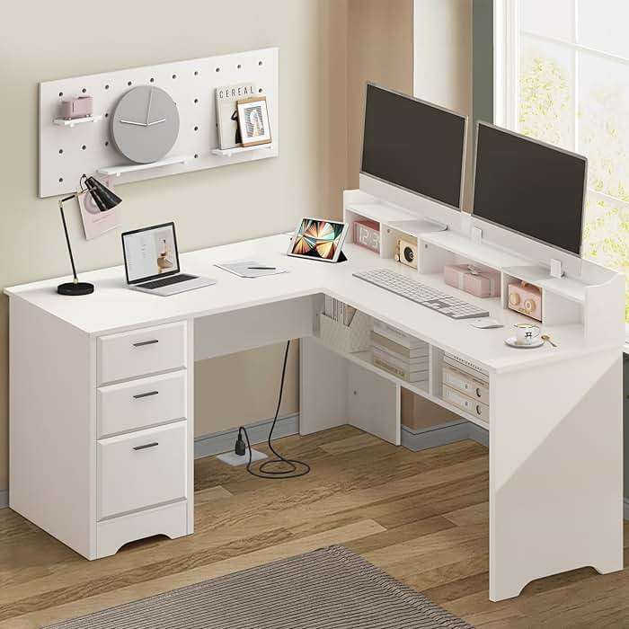 MaverickFurni White L Shaped Desk with 3 Drawers, 60 inch L Desk with Moveable Hutch and Power Outlet, Large Home Office Corner Computer Desk with Storage File Cabinet - Image 9