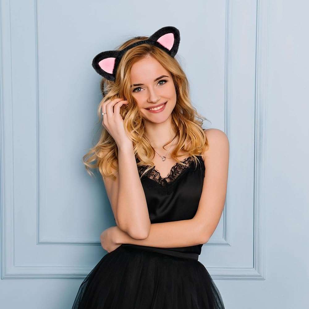 Parma77 Cat Ears Headband, Plush Soft Black Cat Ears Halloween Cosplay Headband Costume Accessories for Makeup, Shower - Image 3