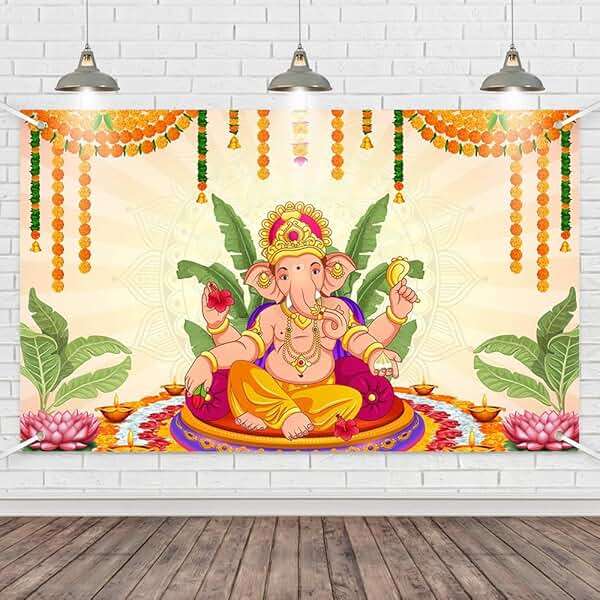 Wollmix Pooja Ganpati Decoration Banner Indian Puja Cloth Items Backdrop Traditional Chatiya Ganesh Mehndi Photography Background Wedding Festival Party Marigold Garlands Photo Booth 70.8x43.3inch - Image 1