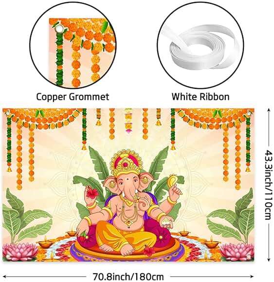 Wollmix Pooja Ganpati Decoration Banner Indian Puja Cloth Items Backdrop Traditional Chatiya Ganesh Mehndi Photography Background Wedding Festival Party Marigold Garlands Photo Booth 70.8x43.3inch - Image 2