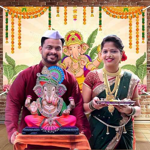 Wollmix Pooja Ganpati Decoration Banner Indian Puja Cloth Items Backdrop Traditional Chatiya Ganesh Mehndi Photography Background Wedding Festival Party Marigold Garlands Photo Booth 70.8x43.3inch - Image 3