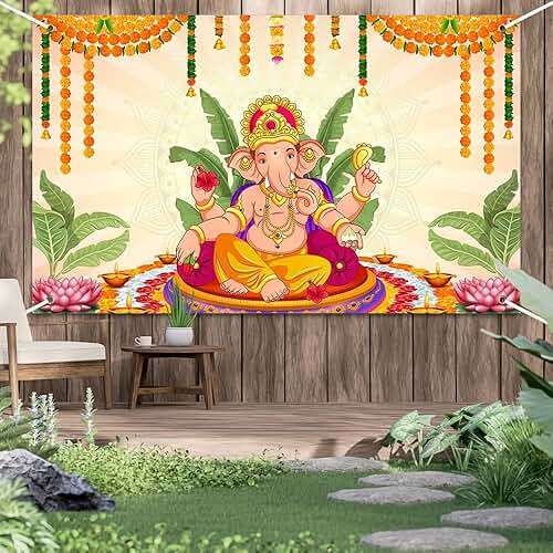Wollmix Pooja Ganpati Decoration Banner Indian Puja Cloth Items Backdrop Traditional Chatiya Ganesh Mehndi Photography Background Wedding Festival Party Marigold Garlands Photo Booth 70.8x43.3inch - Image 4