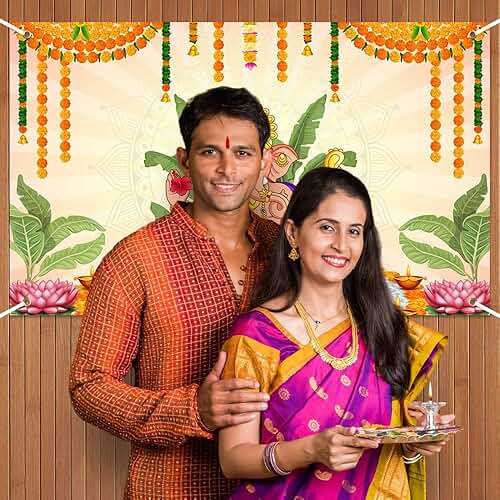 Wollmix Pooja Ganpati Decoration Banner Indian Puja Cloth Items Backdrop Traditional Chatiya Ganesh Mehndi Photography Background Wedding Festival Party Marigold Garlands Photo Booth 70.8x43.3inch - Image 5