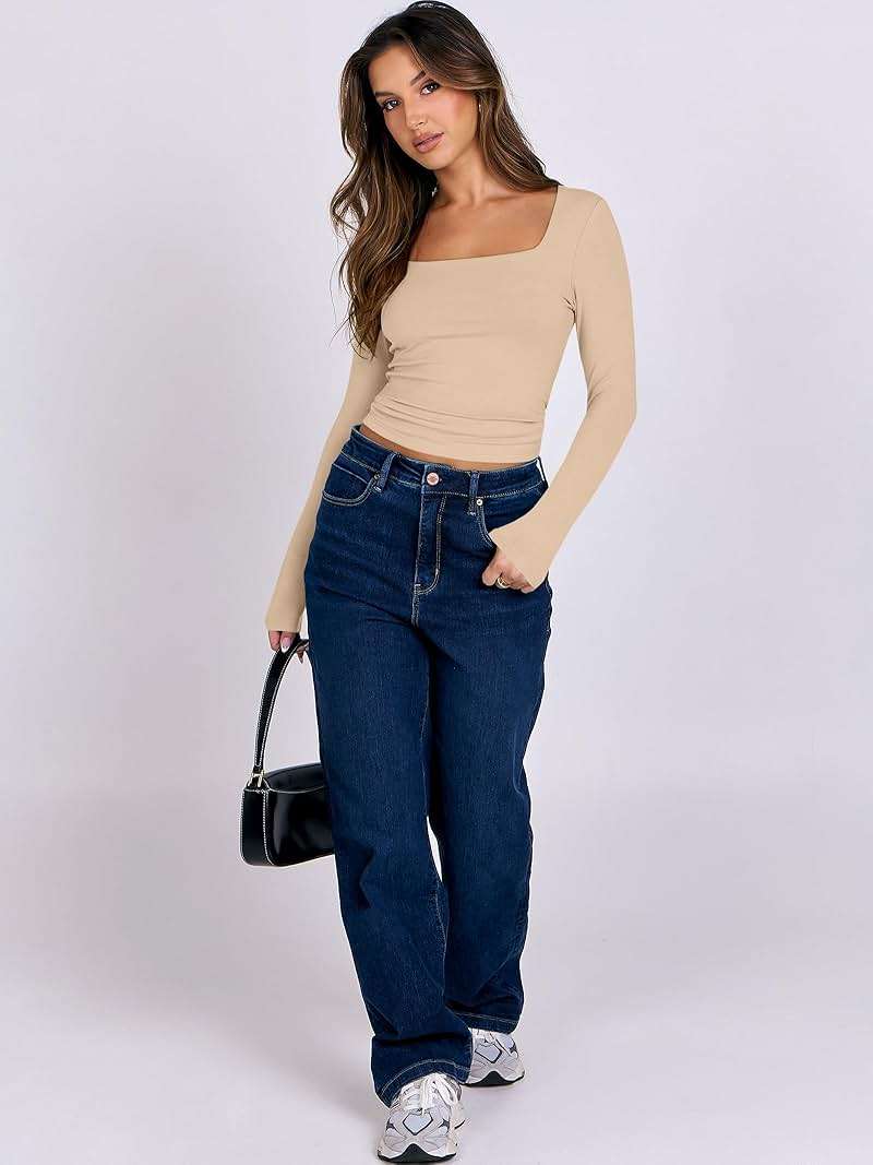 ANRABESS Women Double Lined Long Sleeve Crop Tops Shirts Square Neck Tight Fitted Going Out T-Shirt Basic Tee Outfits 2026 - Image 4