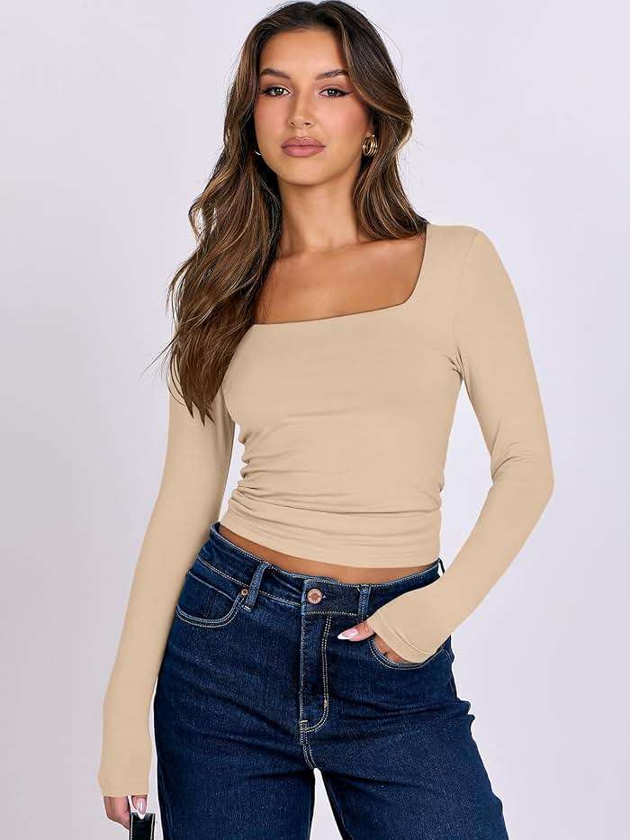 ANRABESS Women Double Lined Long Sleeve Crop Tops Shirts Square Neck Tight Fitted Going Out T-Shirt Basic Tee Outfits 2026 - Image 5