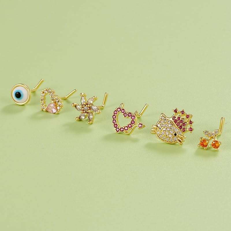 TAMHOO 18Pcs Nose Rings - L Shape, Butterfly & Heart Designs - Gold Nose Studs for Women - Image 6