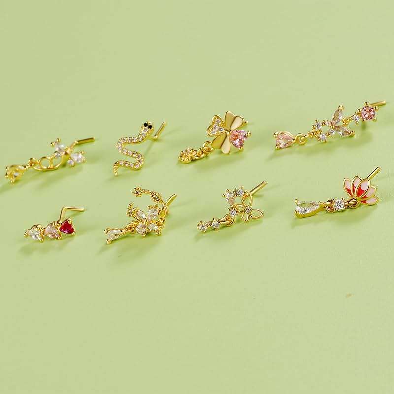 TAMHOO 18Pcs Nose Rings - L Shape, Butterfly & Heart Designs - Gold Nose Studs for Women - Image 7