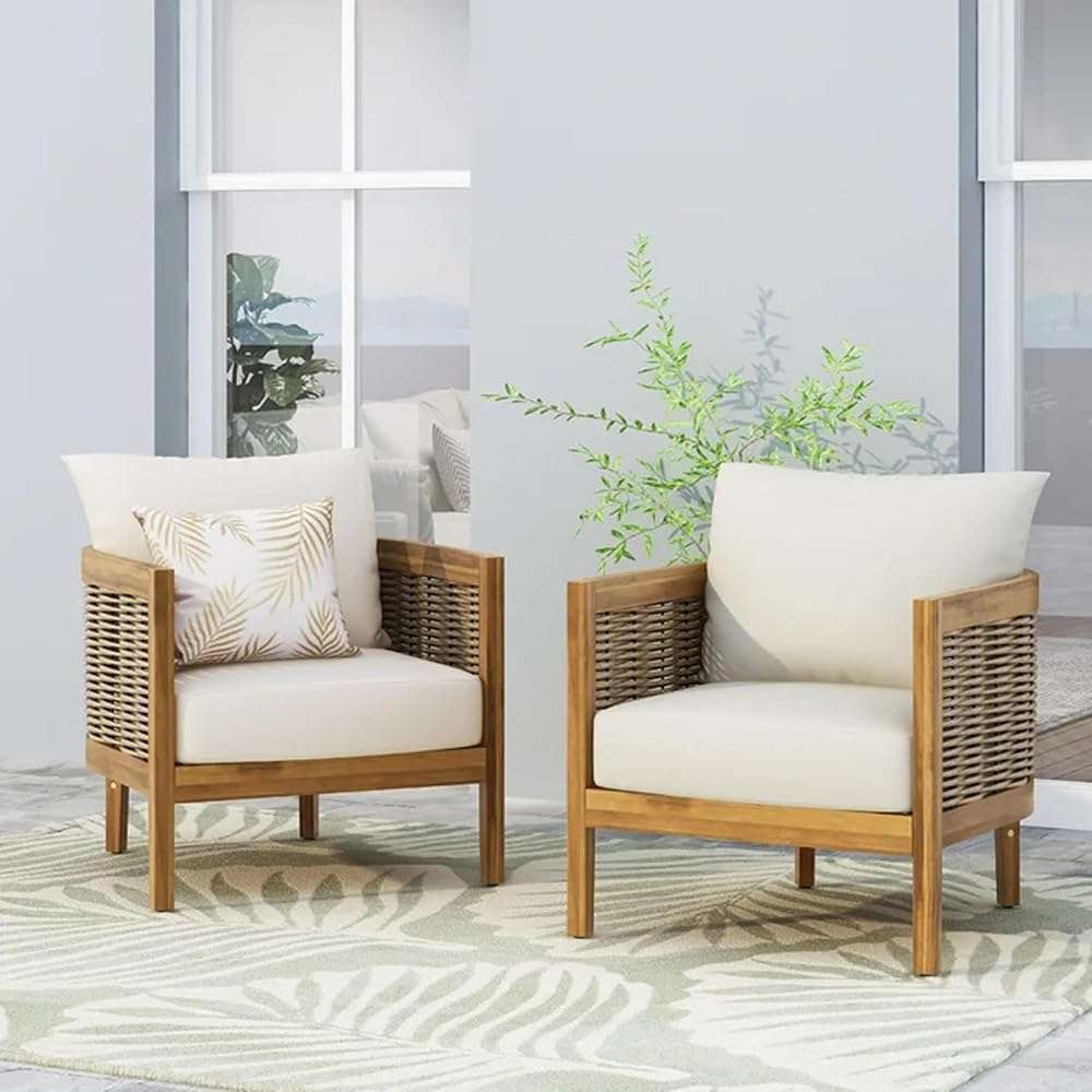 Merax Set of 2 Outdoor Acacia Wood Wicker Club Chair with Cushion,Patio Furniture Conversation Seat for Backyard - Image 1