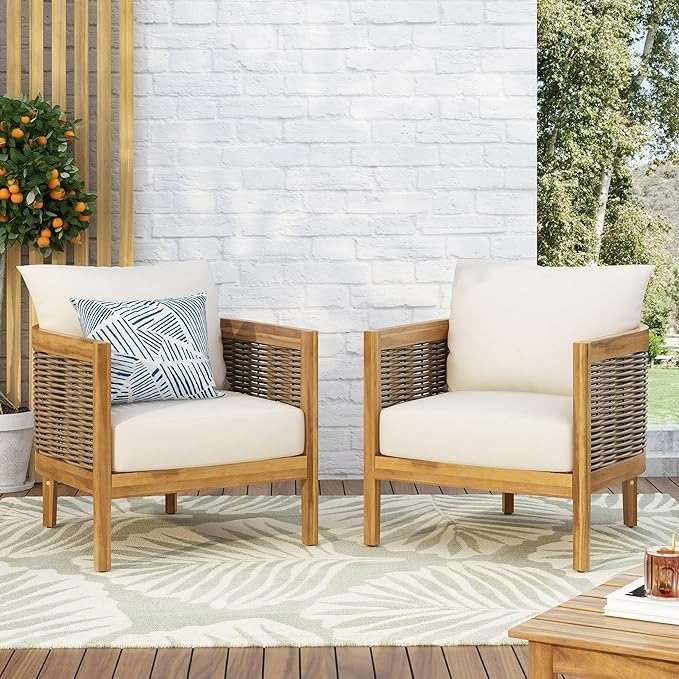Merax Set of 2 Outdoor Acacia Wood Wicker Club Chair with Cushion,Patio Furniture Conversation Seat for Backyard - Image 3