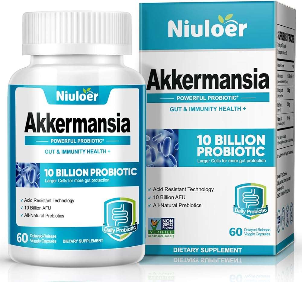 Niuloer Akkermansia Probiotic, Probiotics for Women & Men - 10 Billion AFUs + Organic Prebiotics, Digestive, Gut, Immune & Overall Health, Enhances Gut Digestive Lining Function (60 Capsules, 1-Pack) - Image 1