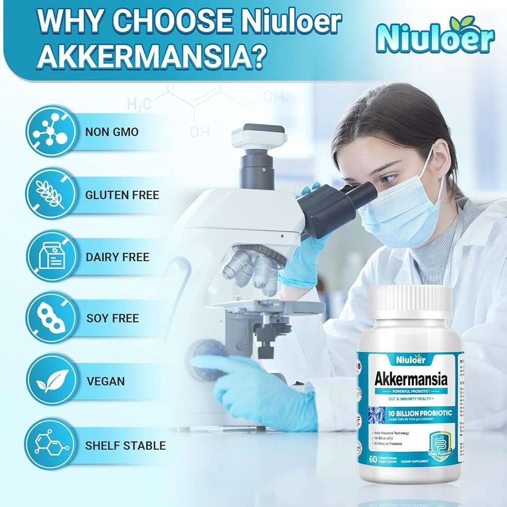 Niuloer Akkermansia Probiotic, Probiotics for Women & Men - 10 Billion AFUs + Organic Prebiotics, Digestive, Gut, Immune & Overall Health, Enhances Gut Digestive Lining Function (60 Capsules, 1-Pack) - Image 5