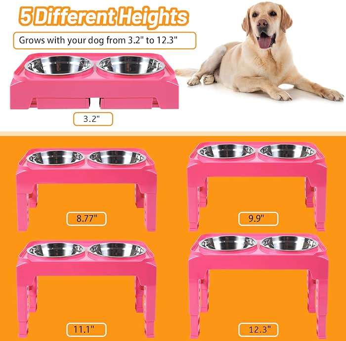 Hubulk Elevated Dog Bowls with 2 Stainless Steel Food & Water Raised Bowls with No Spill Edge Non-Slip Stand Adjusts to 5 Heights(3.2", 8.77", 9.9",11.1", 12.3")for Small Medium Large Dog and Pet Pink - Image 2