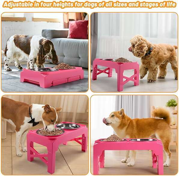 Hubulk Elevated Dog Bowls with 2 Stainless Steel Food & Water Raised Bowls with No Spill Edge Non-Slip Stand Adjusts to 5 Heights(3.2", 8.77", 9.9",11.1", 12.3")for Small Medium Large Dog and Pet Pink - Image 6