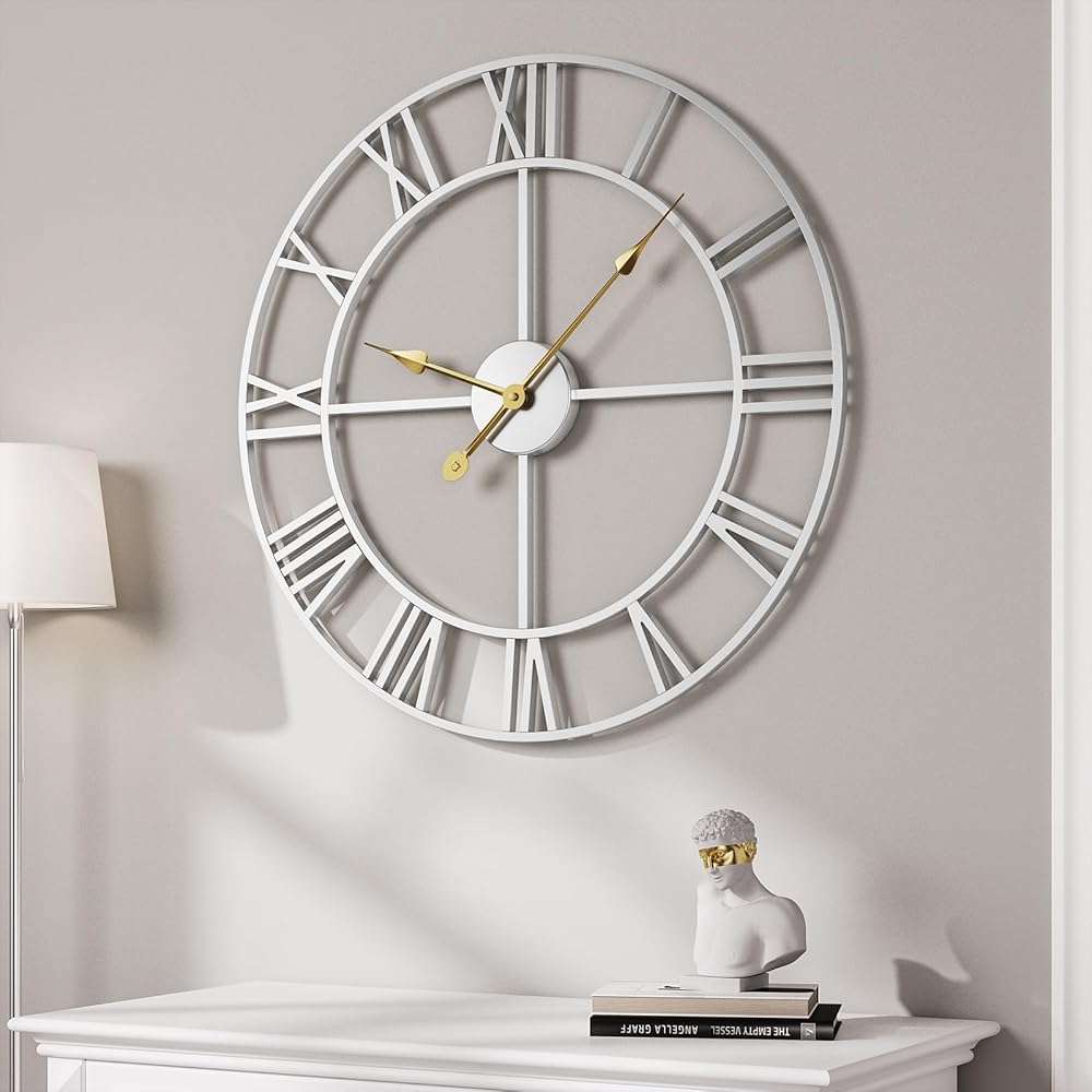 Cuspin 30 Inch Large Wall Clock, Modern Silver Metal Big Decorative Wall Clock Home Decor, Battery-Operated Roman Numeral Analog Metal Round Wall Clocks for Living Room, Bedroom, Office - Image 1