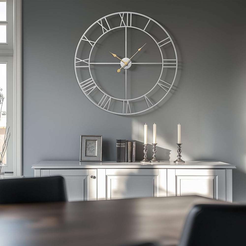 Cuspin 30 Inch Large Wall Clock, Modern Silver Metal Big Decorative Wall Clock Home Decor, Battery-Operated Roman Numeral Analog Metal Round Wall Clocks for Living Room, Bedroom, Office - Image 2