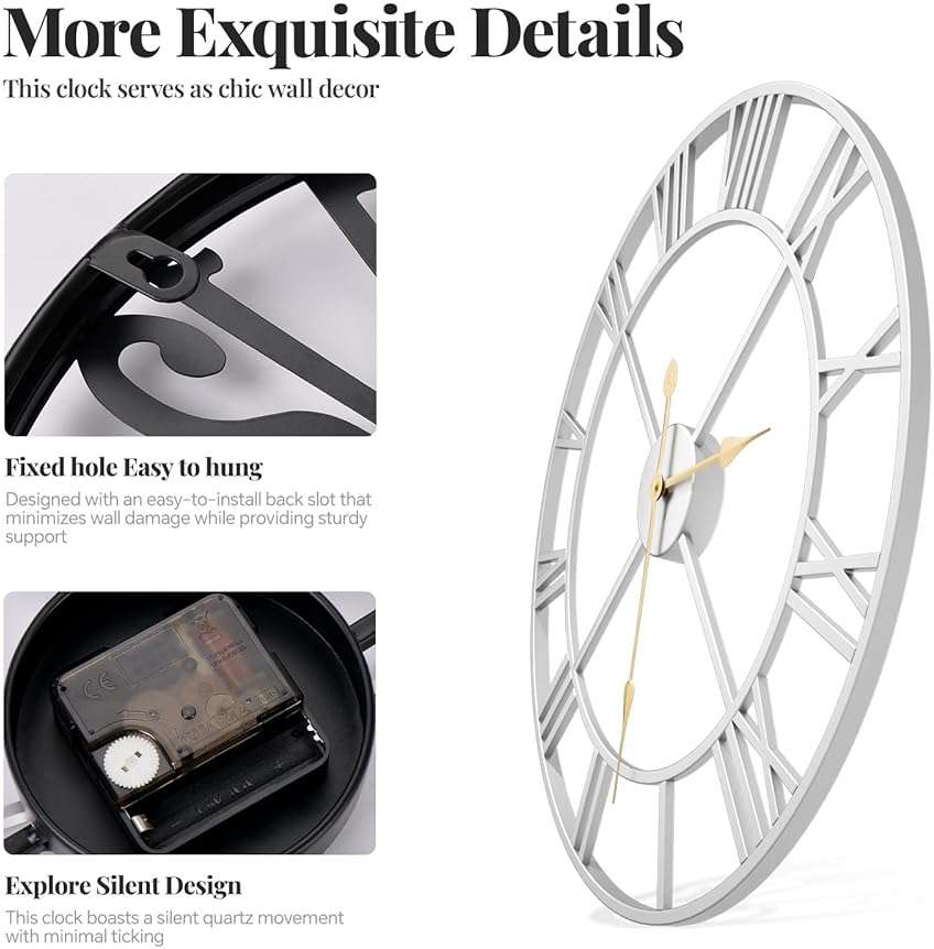 Cuspin 30 Inch Large Wall Clock, Modern Silver Metal Big Decorative Wall Clock Home Decor, Battery-Operated Roman Numeral Analog Metal Round Wall Clocks for Living Room, Bedroom, Office - Image 6