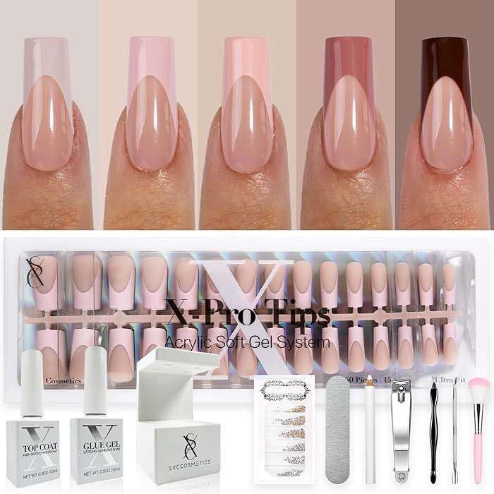 SXC Cosmetics French Tip Press On Nails - Skin Tone Nude and Color Series, Medium Square X-Pro Tips Starter Kit ST117KIT - Image 1
