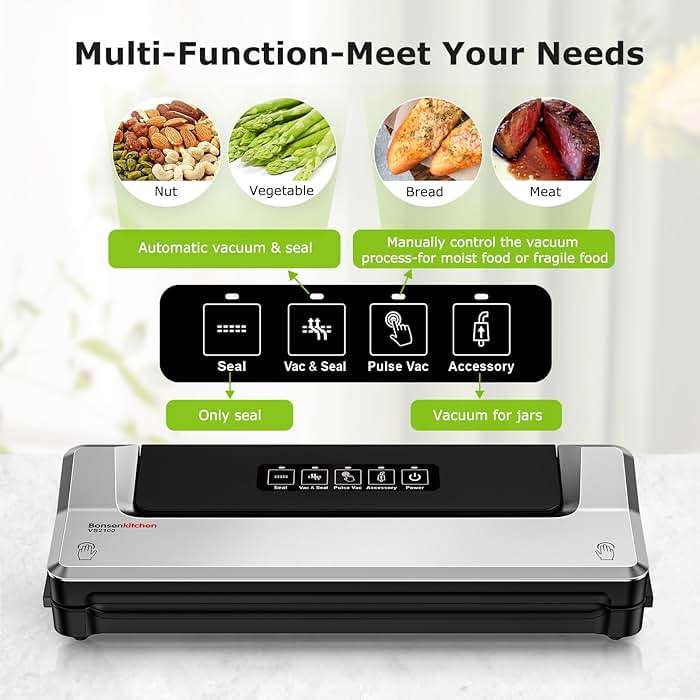 Bonsenkitchen Vacuum Sealer Machine | Compact Food Sealer for Kitchen Storage & Meal Prep | Multiple Modes​​ | External Vacuum System | 5 Bags, Silver​​ - Image 2