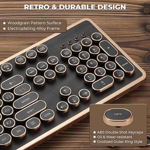 GLENCREAG RK104 Retro Mechanical Keyboard, Wired Full-Size 104 Keys with Typewriter Round Keycaps, Wooden Grain, N-Key Rollover, Green Linear Switches, Ideal for Retro Lovers - Image 2