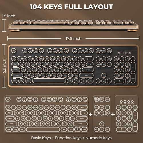 GLENCREAG RK104 Retro Mechanical Keyboard, Wired Full-Size 104 Keys with Typewriter Round Keycaps, Wooden Grain, N-Key Rollover, Green Linear Switches, Ideal for Retro Lovers - Image 3