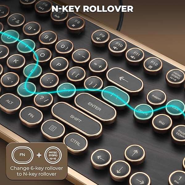 GLENCREAG RK104 Retro Mechanical Keyboard, Wired Full-Size 104 Keys with Typewriter Round Keycaps, Wooden Grain, N-Key Rollover, Green Linear Switches, Ideal for Retro Lovers - Image 4
