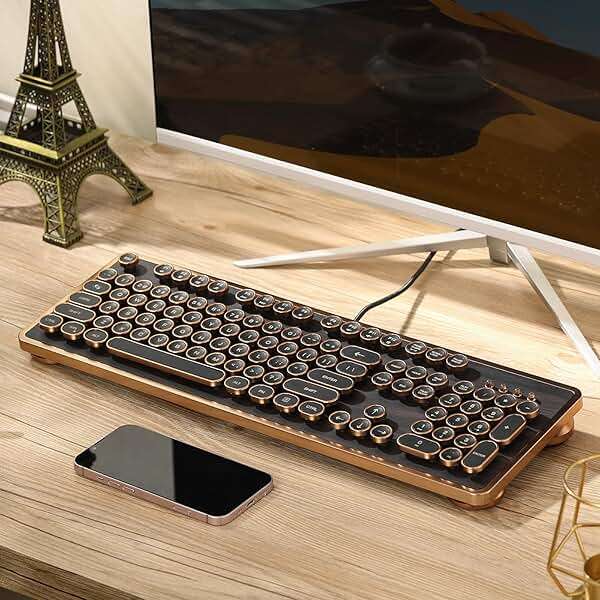 GLENCREAG RK104 Retro Mechanical Keyboard, Wired Full-Size 104 Keys with Typewriter Round Keycaps, Wooden Grain, N-Key Rollover, Green Linear Switches, Ideal for Retro Lovers - Image 6