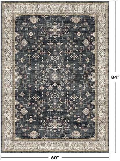 Black Boho Living Room Rug 5x7, Washable Dark Vintage Moody Low Pile Non Slip Carpet for Bedroom, Dinning Room, Office, Farmhouse, Retro Area Rug Indoor Decor (5x7 Black/Multi) - Image 2