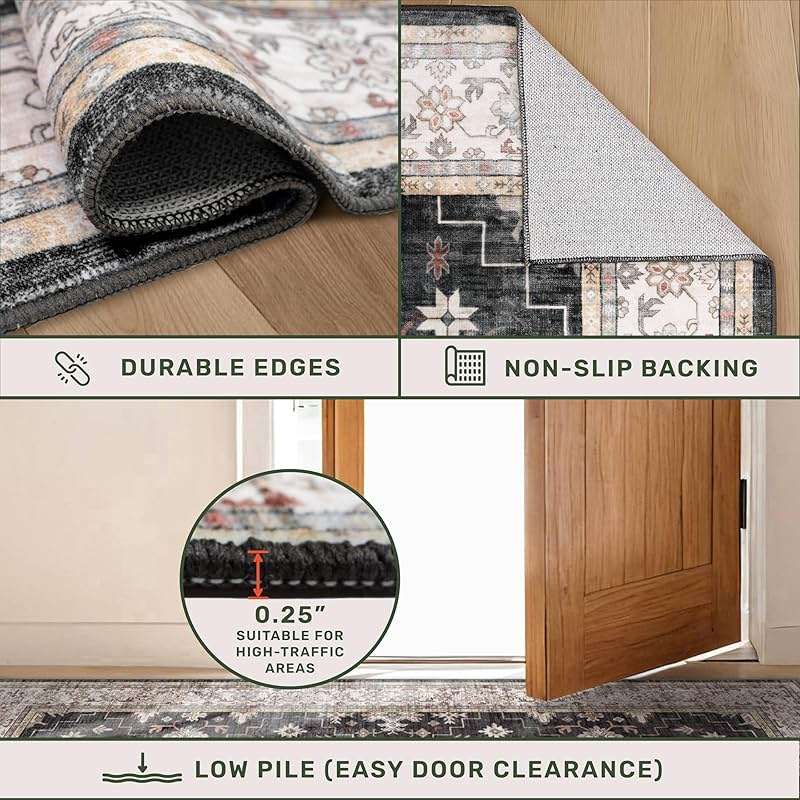 Black Boho Living Room Rug 5x7, Washable Dark Vintage Moody Low Pile Non Slip Carpet for Bedroom, Dinning Room, Office, Farmhouse, Retro Area Rug Indoor Decor (5x7 Black/Multi) - Image 5