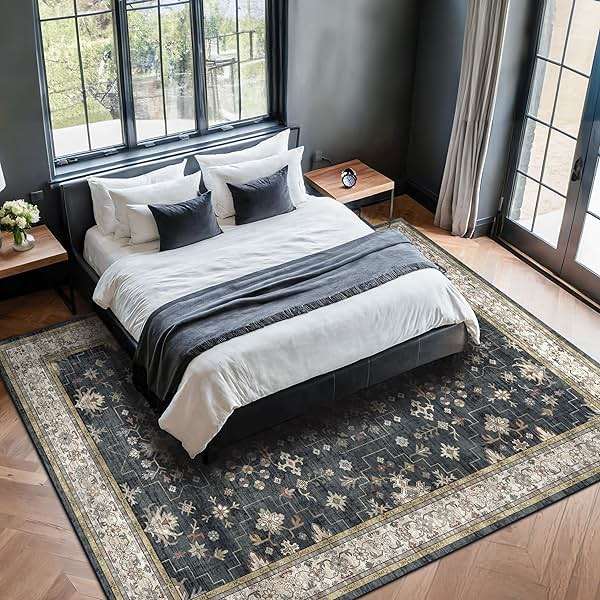 Black Boho Living Room Rug 5x7, Washable Dark Vintage Moody Low Pile Non Slip Carpet for Bedroom, Dinning Room, Office, Farmhouse, Retro Area Rug Indoor Decor (5x7 Black/Multi) - Image 6