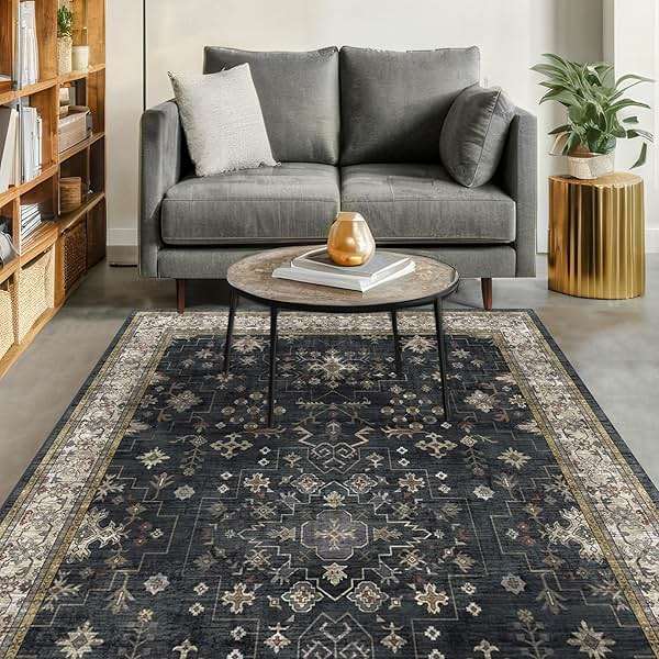 Black Boho Living Room Rug 5x7, Washable Dark Vintage Moody Low Pile Non Slip Carpet for Bedroom, Dinning Room, Office, Farmhouse, Retro Area Rug Indoor Decor (5x7 Black/Multi) - Image 9