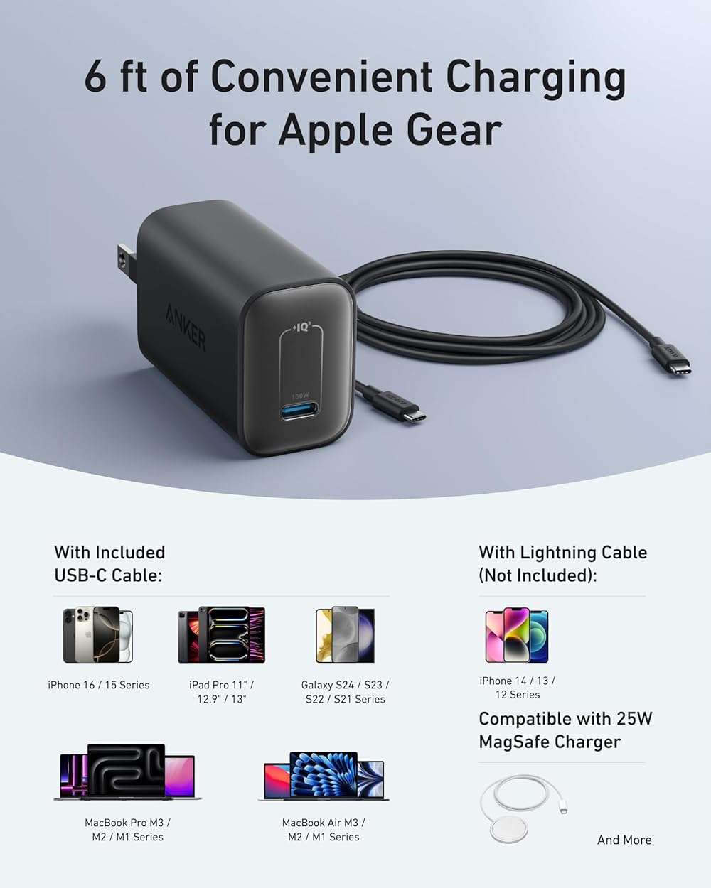 Anker Laptop Charger, 100W Foldable Type C Charger Fast Charging for MacBook, iPhone 17 Series, and All USB C Devices(6FT USB-C Cable Included, Compatible with MagSafe) - Image 6