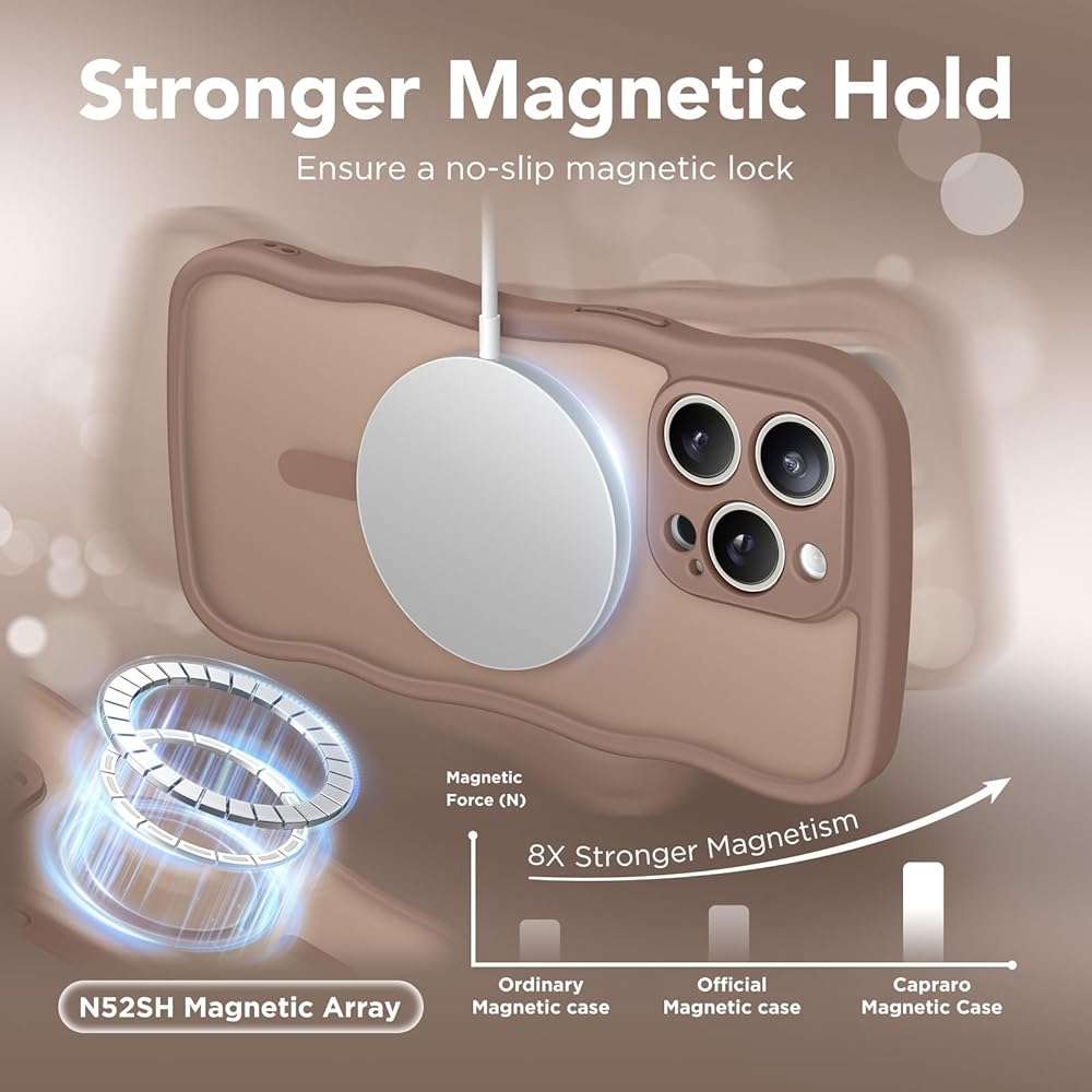 CAPRARO Cute for iPhone 15 Pro Max Case, Compatible with MagSafe, [Curly Wave Edge] [Full Camera Protection] [14 FT Drop Protection] Magnetic Phone Case for 15 Pro Max 6.7 Inch, Brown - Image 4