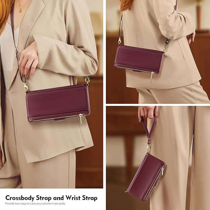 Antsturdy Compatible with iPhone 16 Wallet Case for Women【RFID Blocking】 Crossbody Phone Case PU Leather Zipper with Wrist Strap Flip Cover Credit Card Holder for Apple 16 6.1",Wine Red - Image 3
