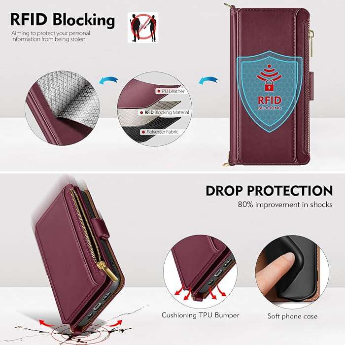 Antsturdy Compatible with iPhone 16 Wallet Case for Women【RFID Blocking】 Crossbody Phone Case PU Leather Zipper with Wrist Strap Flip Cover Credit Card Holder for Apple 16 6.1",Wine Red - Image 6